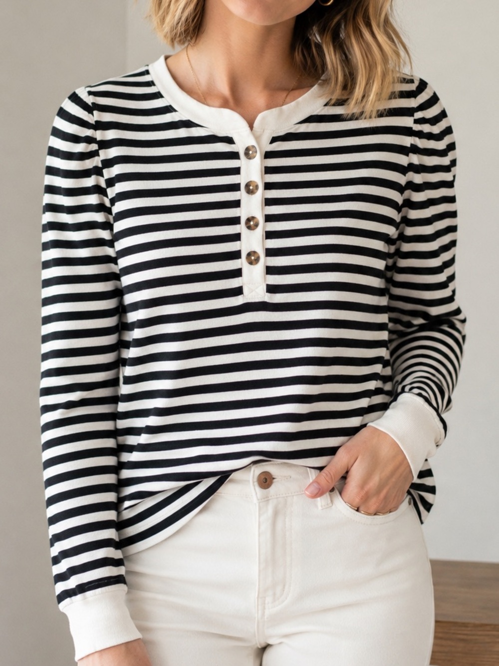 LOFT Black White Striped Henley Top XL Puff Sleeve Cotton Blend